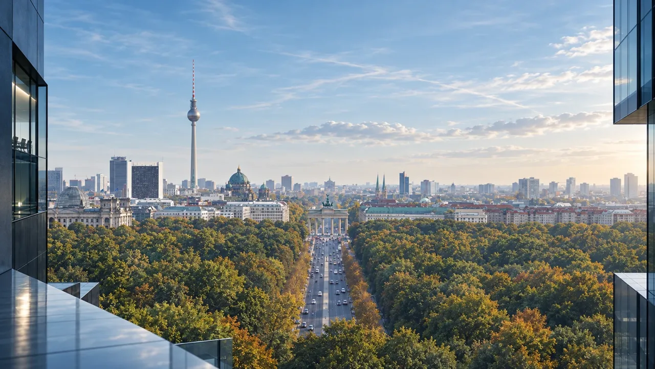 Weiter Blick über Berlin mit Brandenburger Tor und einem Fernsehturm, gerahmt von moderner Architektur