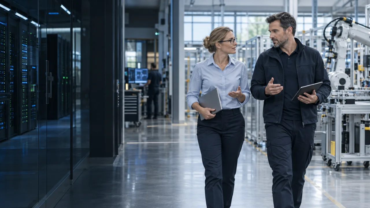 IT- und Engineering-Fachkräfte im gemeinsamen Einsatzumfeld aus digitaler Infrastruktur und Automatisierung