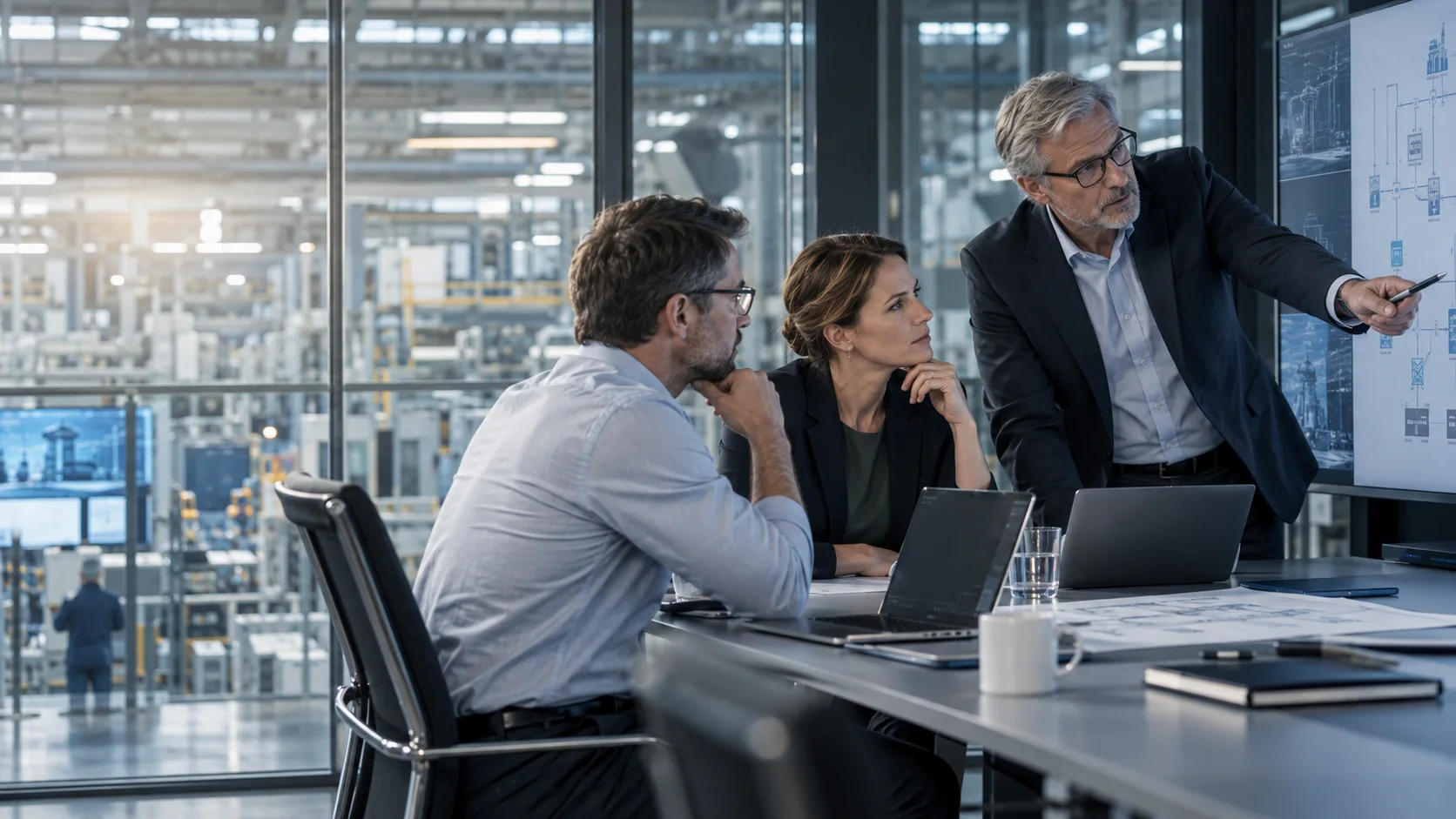 Erfahrene Fach- und Führungskräfte besprechen die Architektur eines sicherheitskritischen Industriesystems